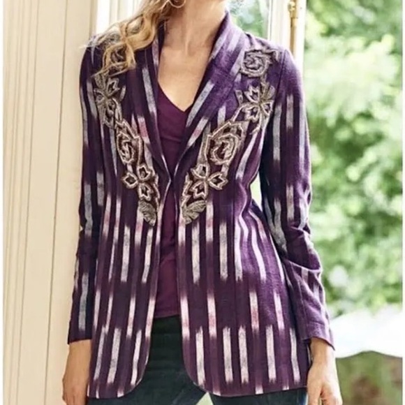 Soft Surroundings Women's Jacket Blazer Topkapi Ikat Printed Beaded Purple XL - Picture 1 of 8
